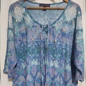 Gloria VANDERBILT boho style top blouse size 2X PLUS blue, sparkle. Tie